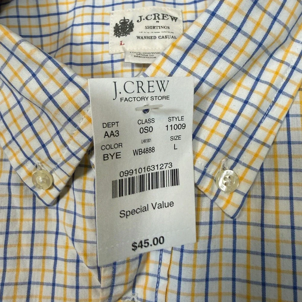 J.Crew Shirtings‎ Washed Casual Shirt Mens Large Blue Yellow Plaid Button Up NEW